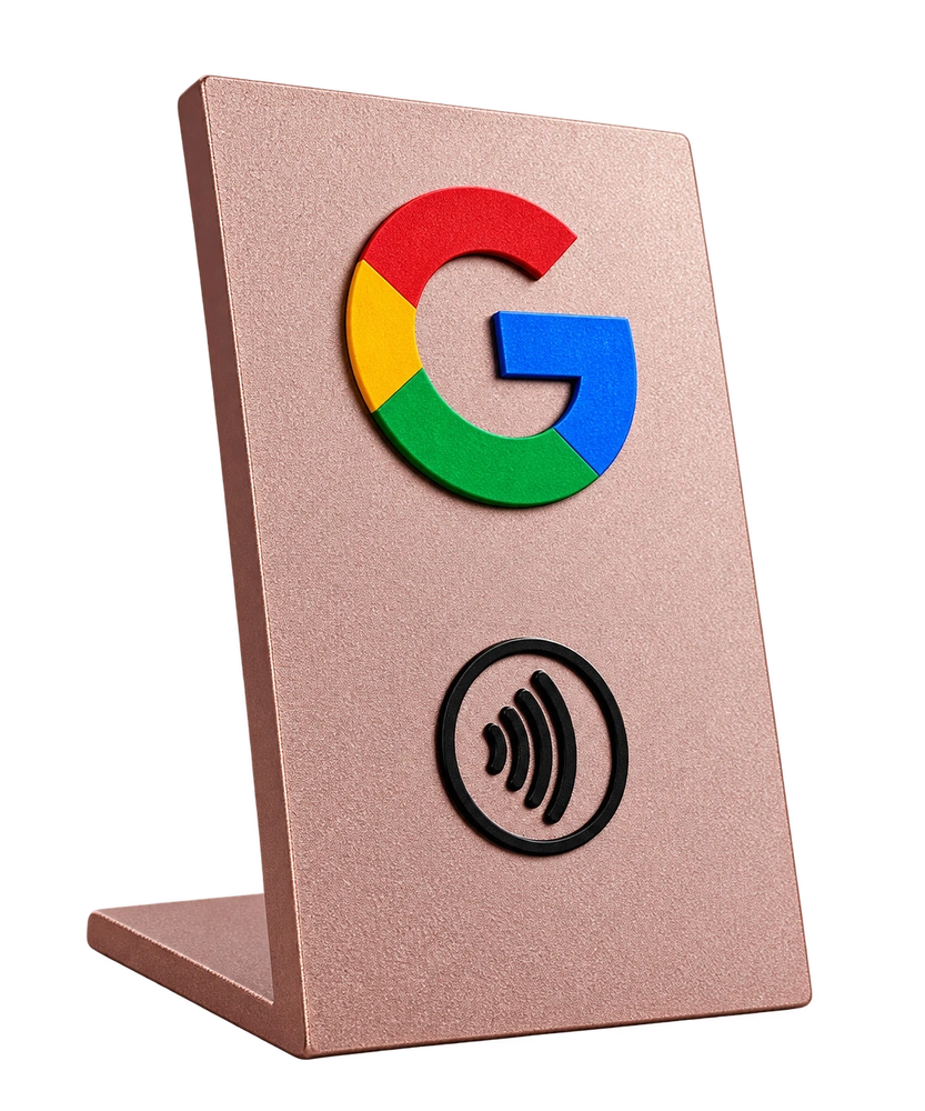 Placa NFC Rose Gold para avaliações no Google, com logotipo e símbolo NFC.