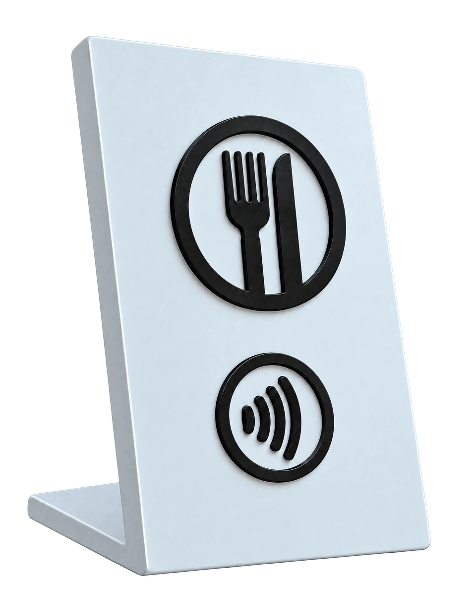 Placa NFC para restaurantes, com símbolo de garfo e faca.